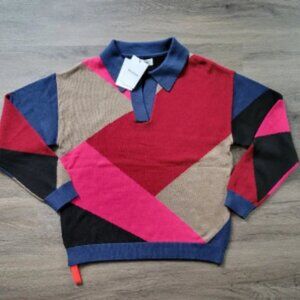 Naadam Navy Red Pink Tan Combo Color Blocked Polo Sweater NWT Size Large